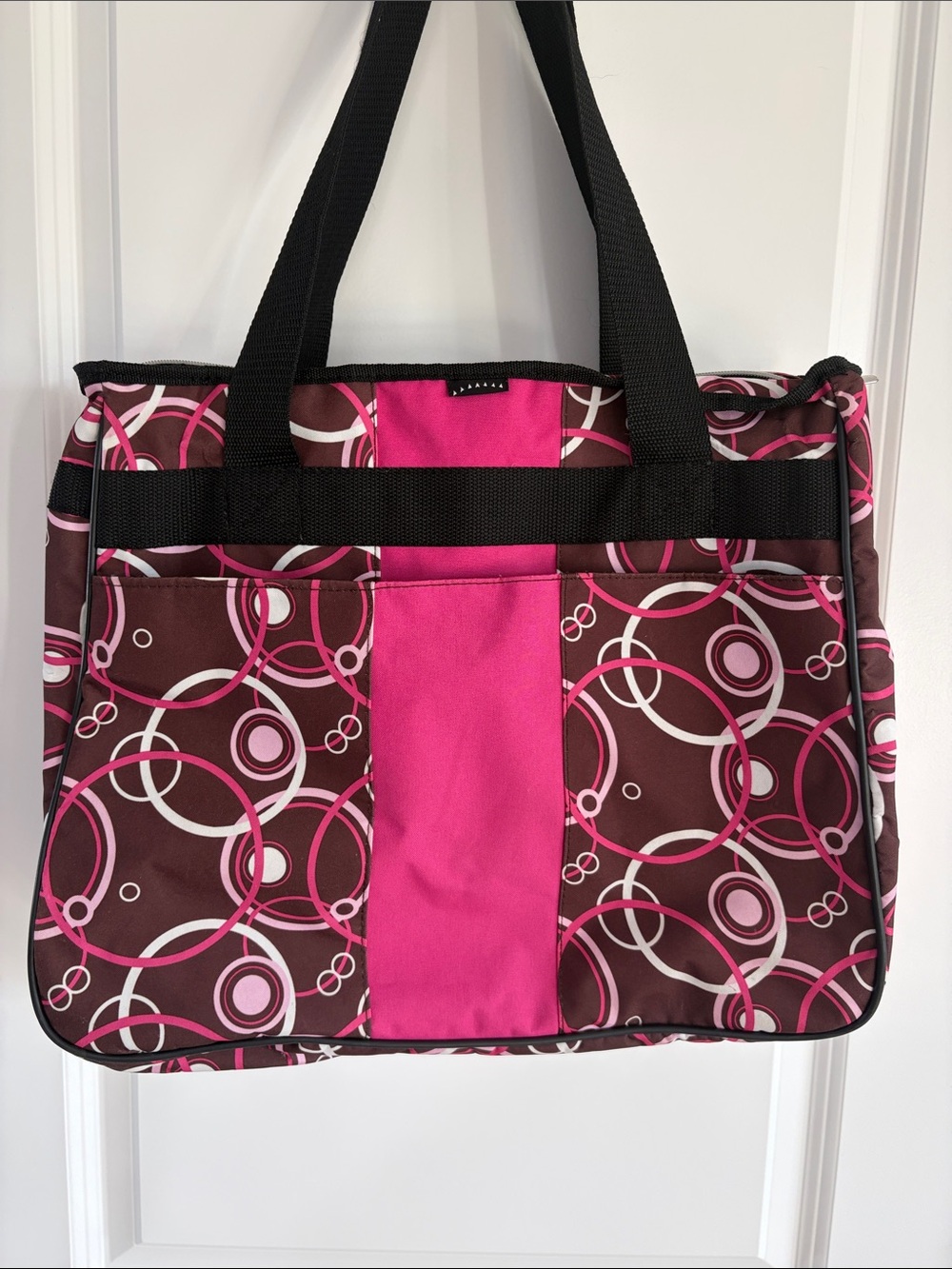 Pink & Brown Patterned Tote with Black Straps